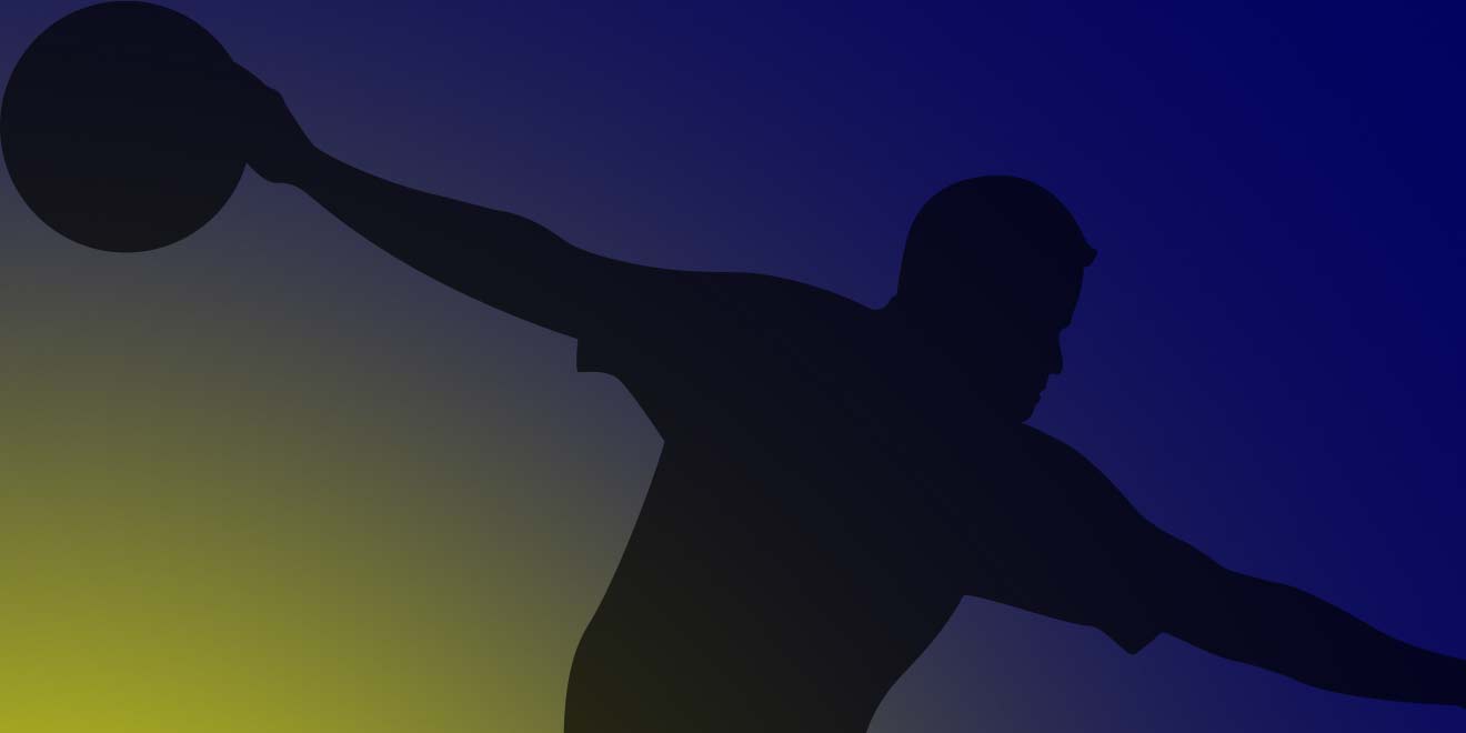 bowler silhouette with a blue and yellow background